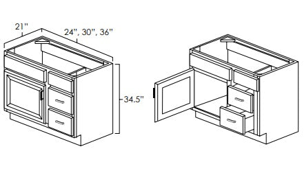 V2421DL - 24" Wide Single Door Vanity Base Cabinet, Drawers Left